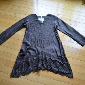 Vintage Johnny Was floral Embroidered Silk Dress Roll-Tab Sleeve Bohemian Size S